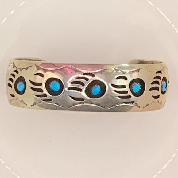Navajo Bear Claw Paw Shadowbox Turquoise Sterling Cuff Bracelet P. Spencer - Picture 5 of 14
